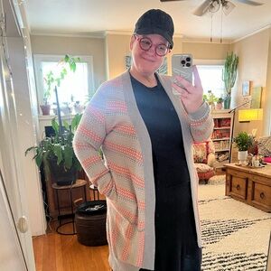 Anthropologie Sparrow long no closure cardigan with coral + light blue cardi L